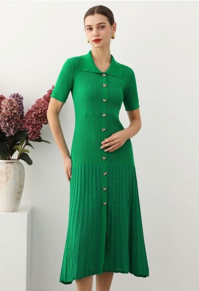 Collared Buttoned Short Sleeve Knit Midi Dress in Green