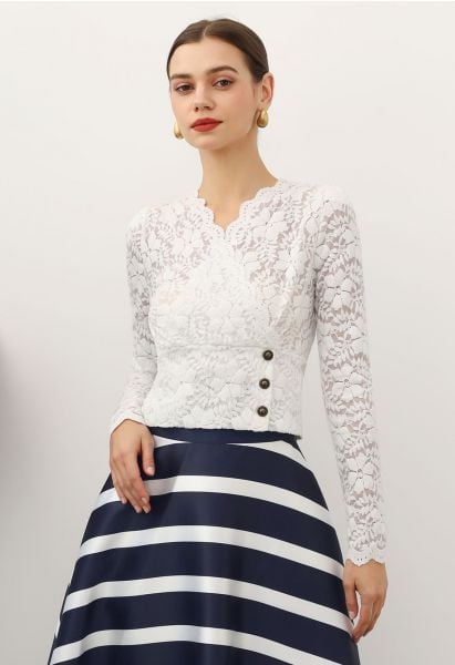 Exquisite Floral Lace Crop Wrap Top in Ivory