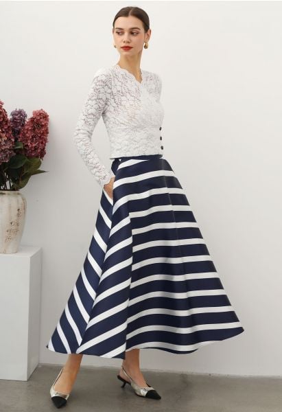 Adorable Stripe Side Pocket A-Line Maxi Skirt