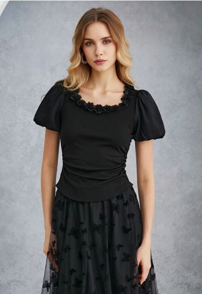 3D Flowers Neckline Bubble Sleeve Ruched Crop Top in Black