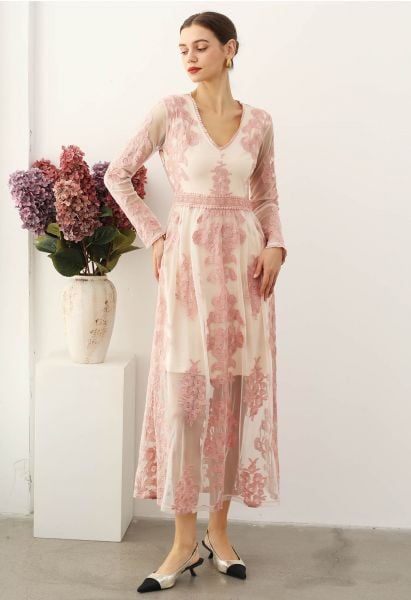 V-Neck Floral Embroidered Mesh Maxi Dress in Pink