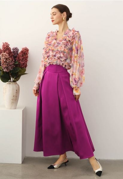 High-Slit Seamed Waist Pleated Satin Maxi Skirt in Magenta