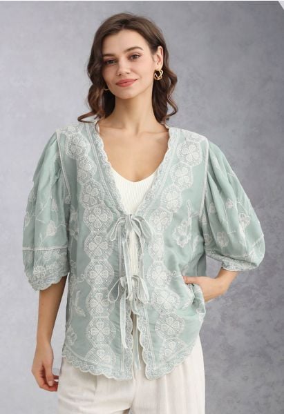 Lace Up Floral Embroidery Cotton Top in Mint