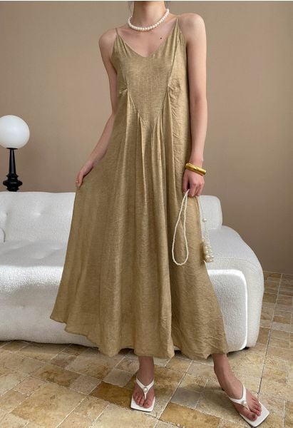 Texture V-Neck Frilling Hem Cami Midi Dress in Tan