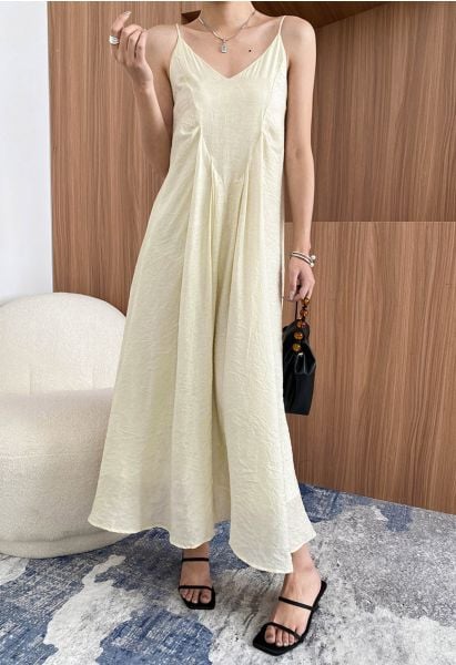 Texture V-Neck Frilling Hem Cami Midi Dress in Cream