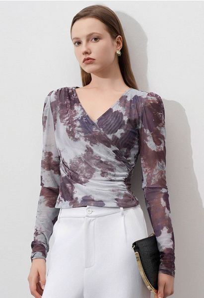 Watercolor Printed Puff Sleeves Faux Wrap Top