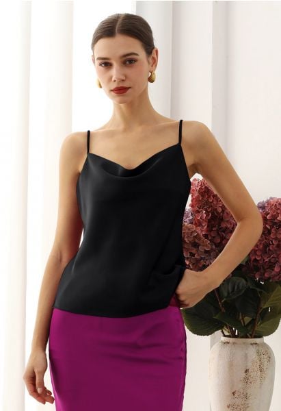 Drape Neck Satin Cami Crop Top in Black