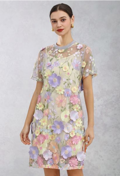 3D Floral Applique Sheer Mesh Cover-Up Dress in Lavender