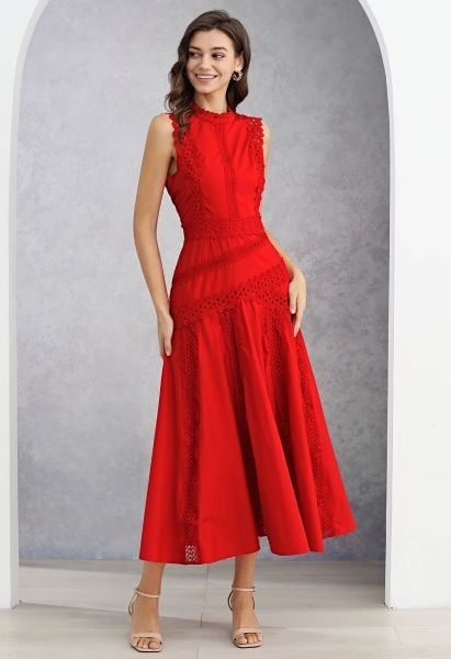 Dive into Elegance Lace Panelled Sleeveless Dress in Red