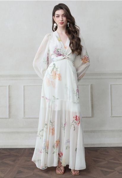 Watercolor Botanical Printed Crisscross Cutout Self-Tie Chiffon Maxi Dress