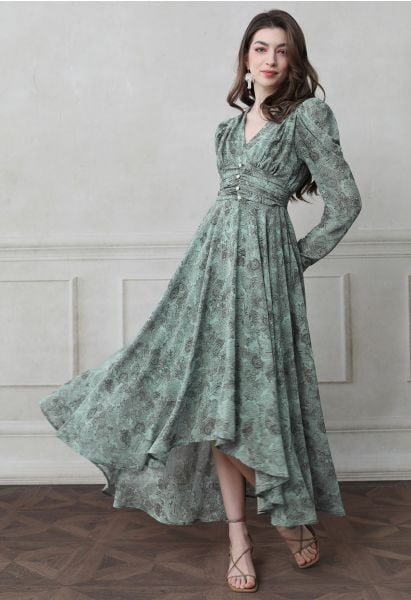 Rustic Floral V-Neck Asymmetric Chiffon Maxi Dress in Teal