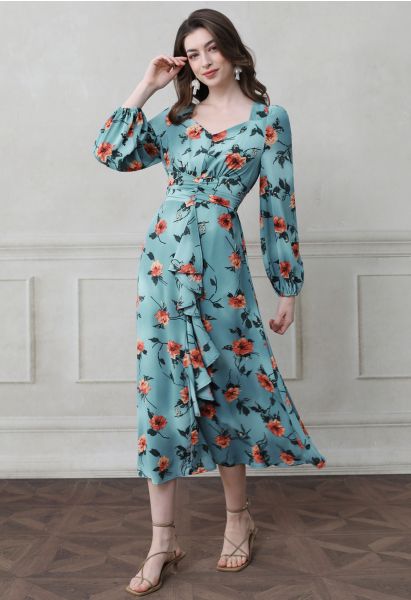 Red Floral Printed Sweetheart Neckline Ruffle Midi Dress in Blue