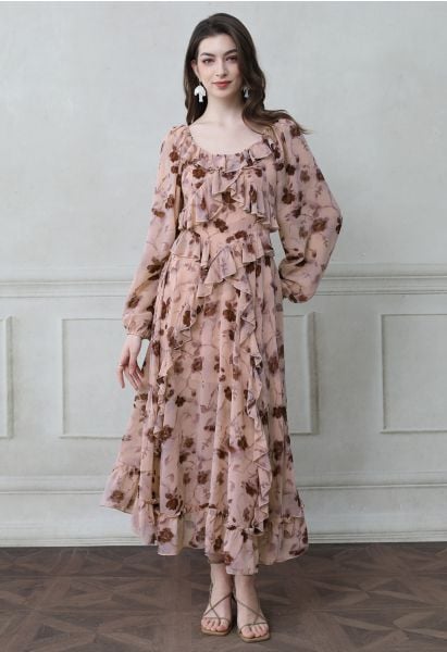 Inky Floral Tiered Ruffle Puff Sleeve Chiffon Maxi Dress in Pink