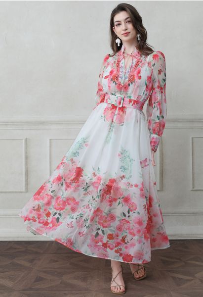 Watercolor Rose Garden Tie-Neck Belted Organza Maxi Dress in Hot Pink