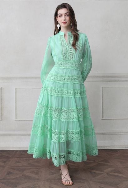 Savvy Elegance Notch Neck Floral Lace Panelled Maxi Dress in Mint