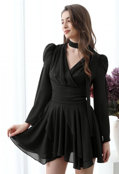 Faux-Wrap Flare Sleeve Asymmetric Chiffon Mini Dress with Sash in Black