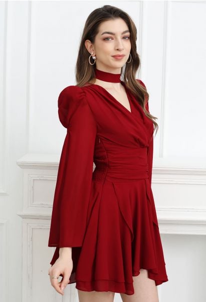 Faux-Wrap Flare Sleeve Asymmetric Chiffon Mini Dress with Sash in Red