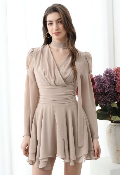 Faux-Wrap Flare Sleeve Asymmetric Chiffon Mini Dress with Sash in Nude Pink