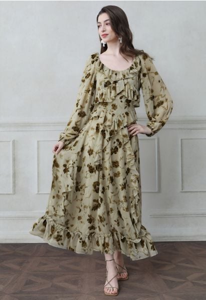 Inky Floral Tiered Ruffle Puff Sleeve Chiffon Maxi Dress in Pistachio