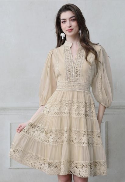 Savvy Elegance Notch Neck Floral Lace Panelled Midi Dress in Cream