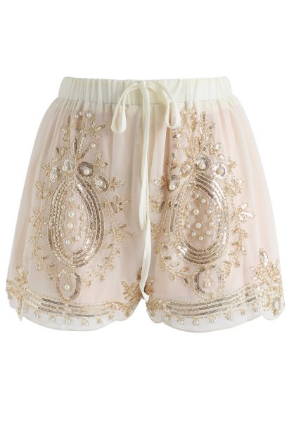 Shinning Pearls Trimming Chiffon Shorts in Cream