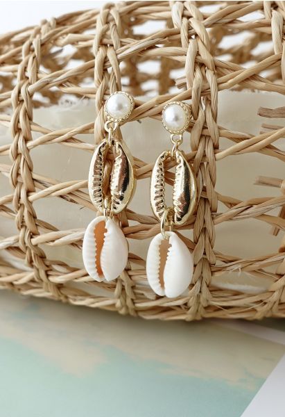 Double Cowrie Shell Charm Pearls Earrings