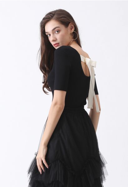 Just for Bowknot Cutout Knit Top in Black