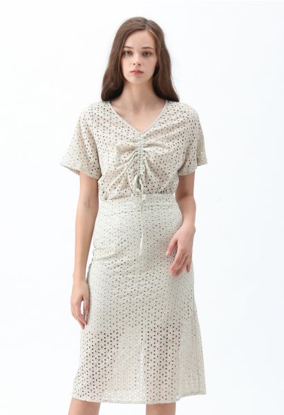 Starry Night Embroidered Eyelet Top and Skirt Set in Pea Green