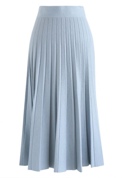 A-Line Pleated Knit Midi Skirt in Blue