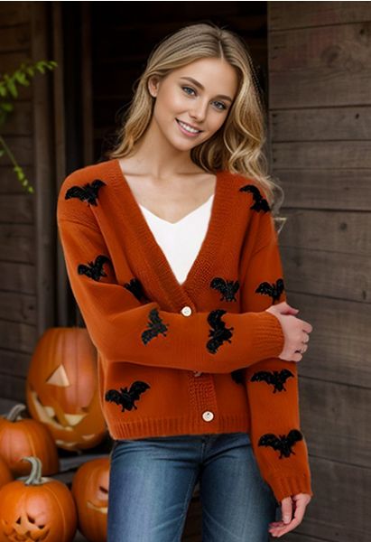 Mystic Bats Patch Buttoned Knit Cardigan in Pumpkin