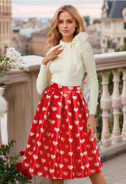 Affectionate Love Box Pleat Midi Skirt in Red