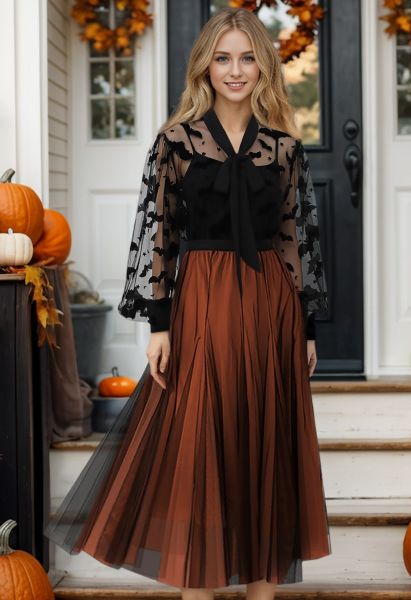 Mixture Color Panelled Tulle Maxi Skirt in Orange