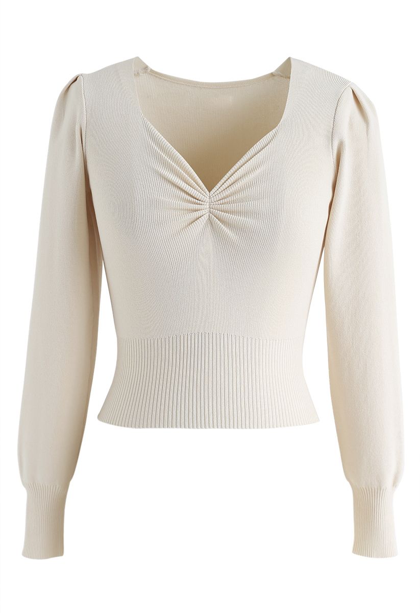 V-Neck Ruched Crop Knit Top in Cream - Retro, Indie and Unique Fashion