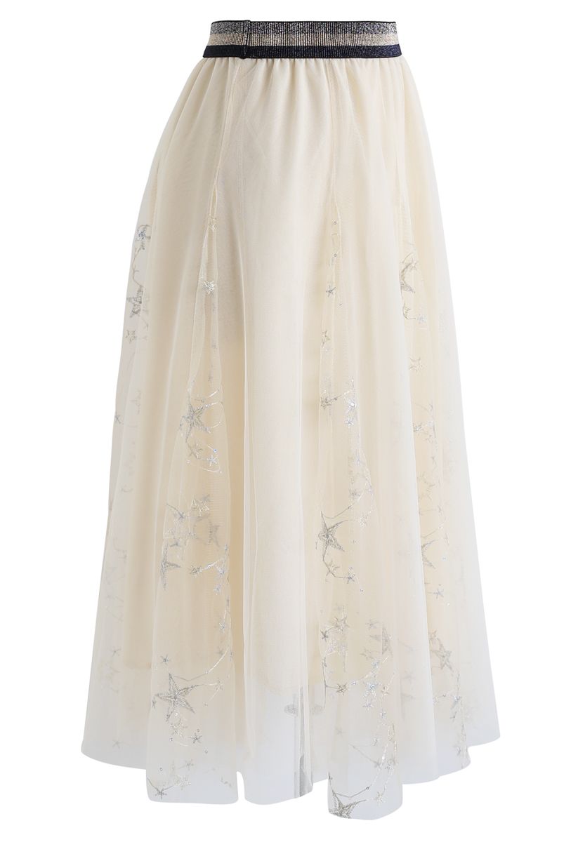 Sequined Embroidered Star Mesh Tulle Skirt in Cream - Retro, Indie and ...