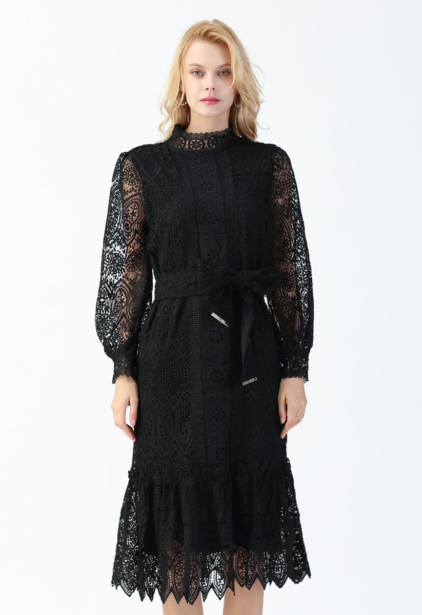 Full Floral Crochet Belted Frilling Dress in Black - Retro, Indie and ...