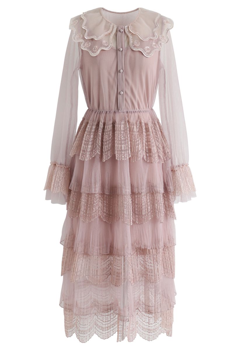 Lace Tiered Mesh Maxi Dress in Pink - Retro, Indie and Unique Fashion