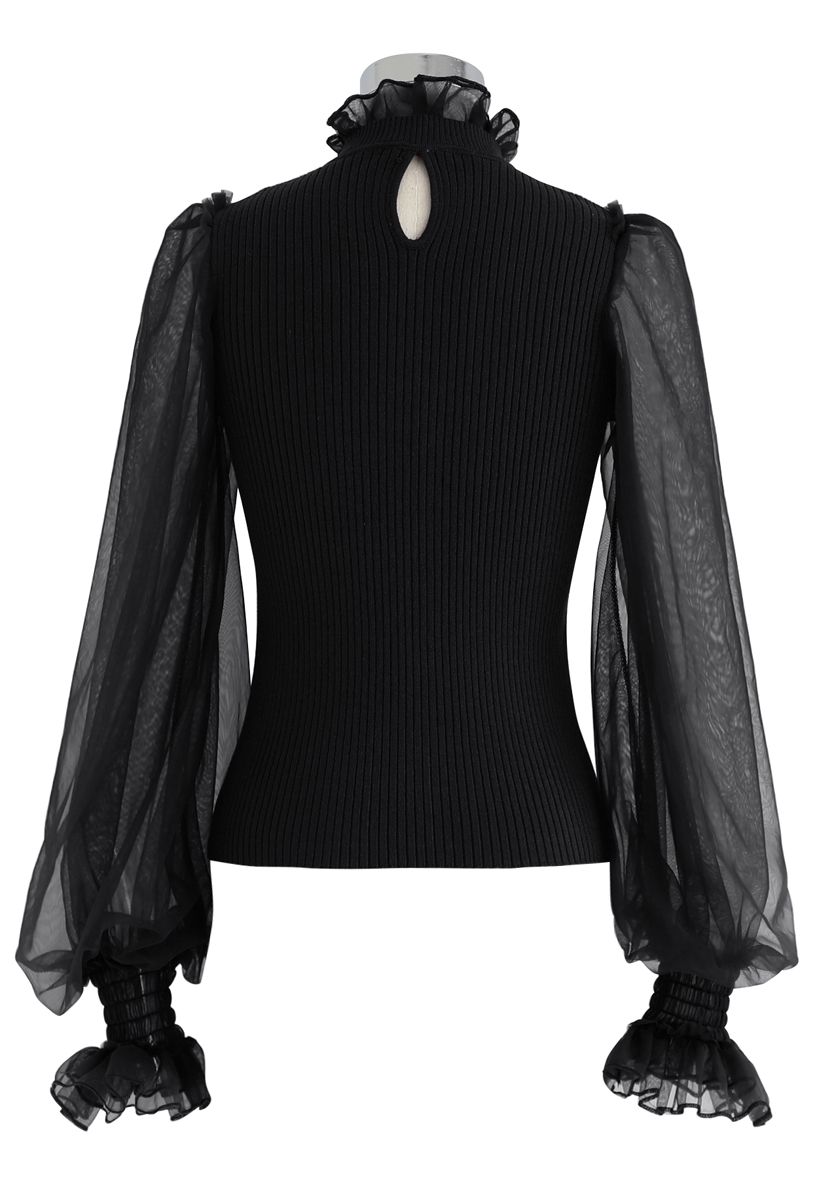 Sheer Bubble Sleeves Ribbed Knit Top in Black - Retro, Indie and Unique ...
