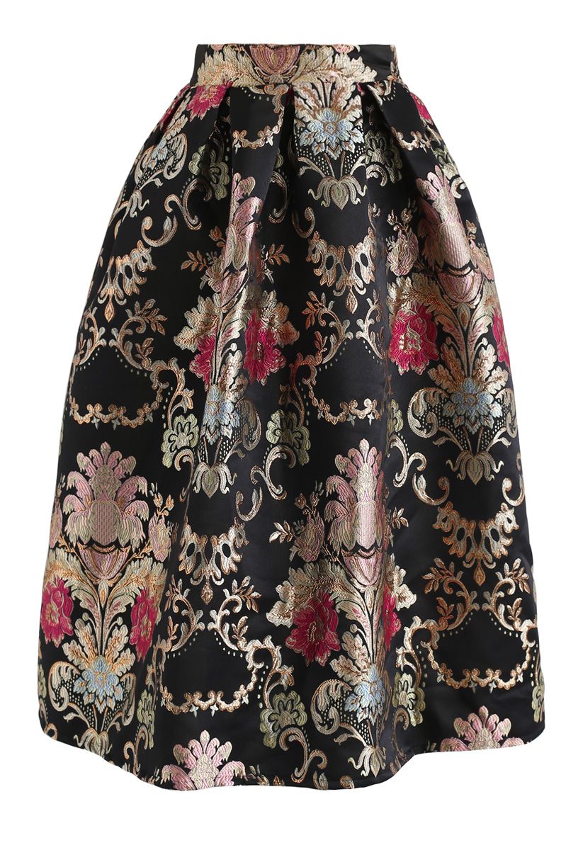 Colorful Floral Jacquard Pleated Midi Skirt 