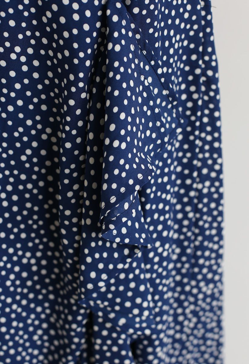 Polka-Dotted Wrap Crop Top and Skirt Set in Navy