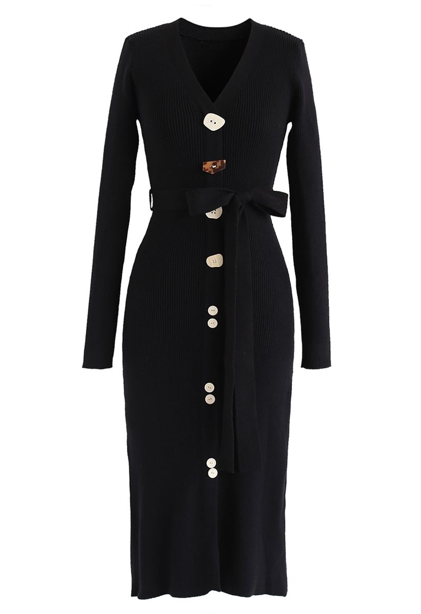 Irregular Buttoned Ribbed Knit Dress in Black - Retro, Indie and Unique ...