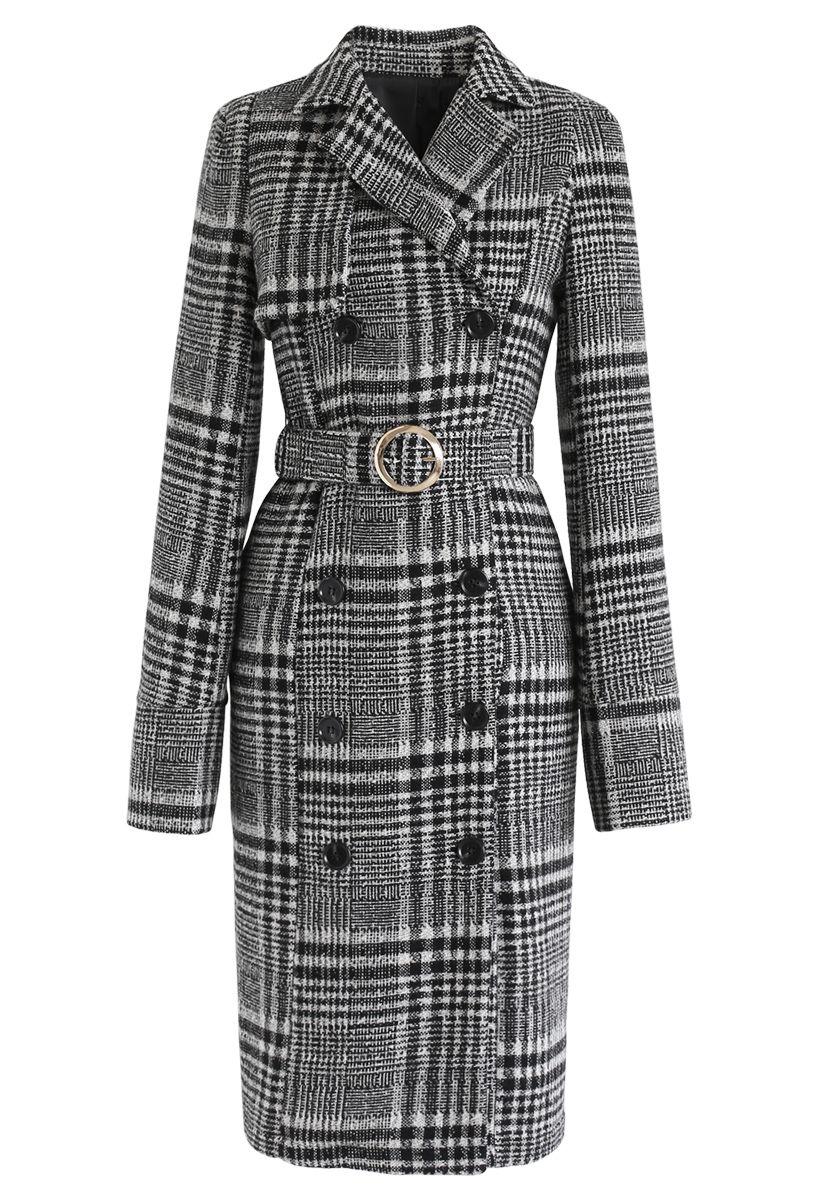 O-Ring Belted Plaid Double-Breasted Longline Coat - Retro, Indie and ...