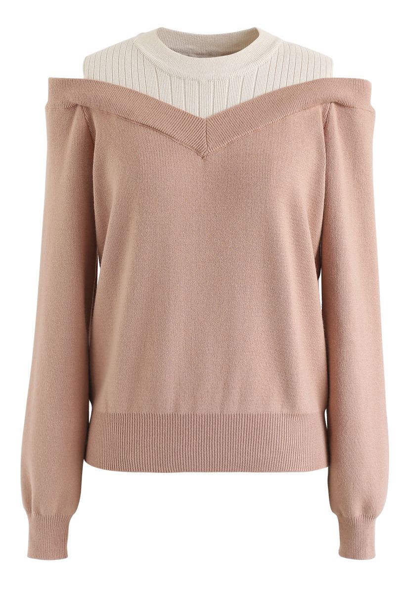 Bicolor Ribbed Knit Top in Peach