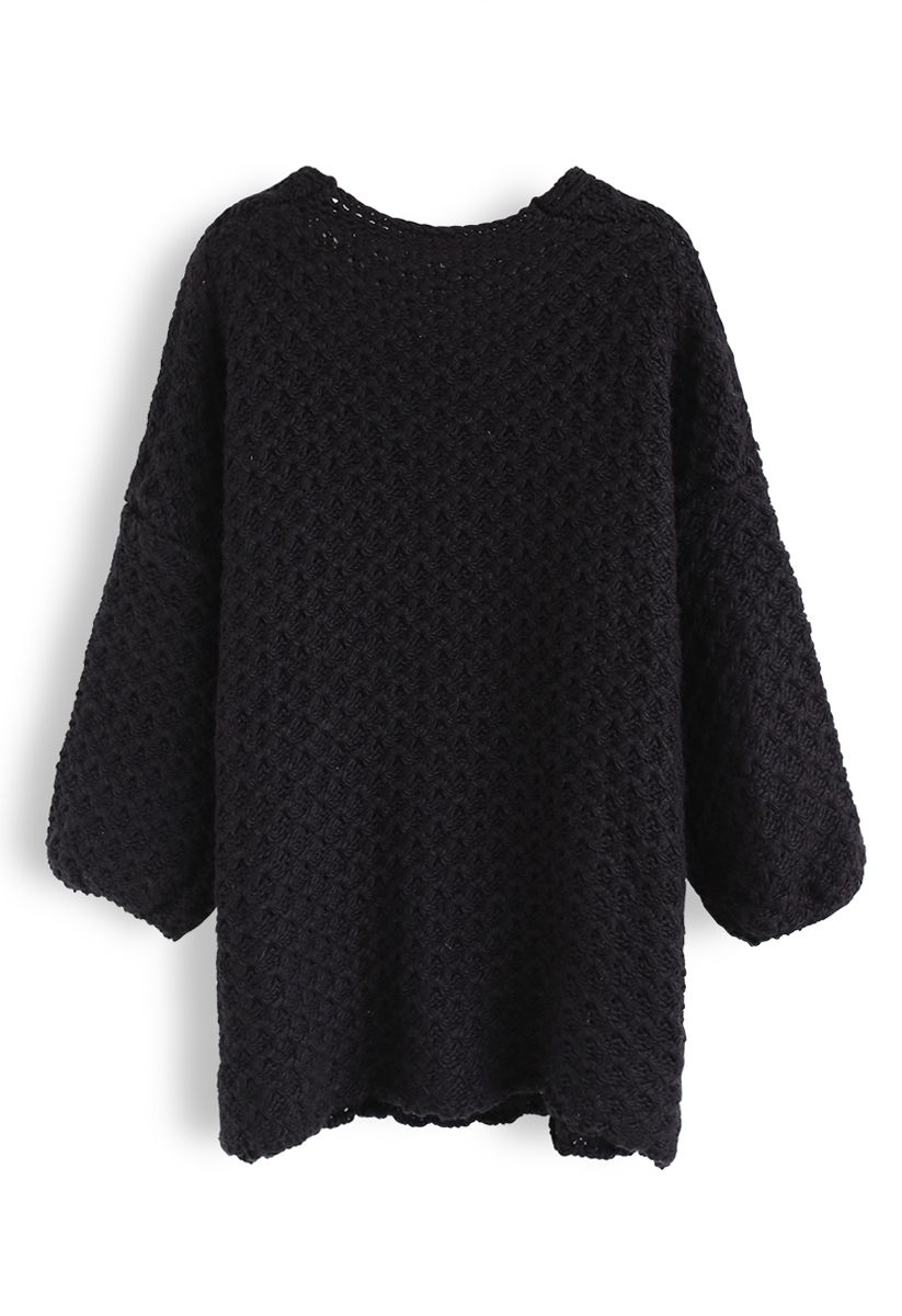 Hollow Out VNeck Oversized Knit Sweater in Black Retro, Indie and