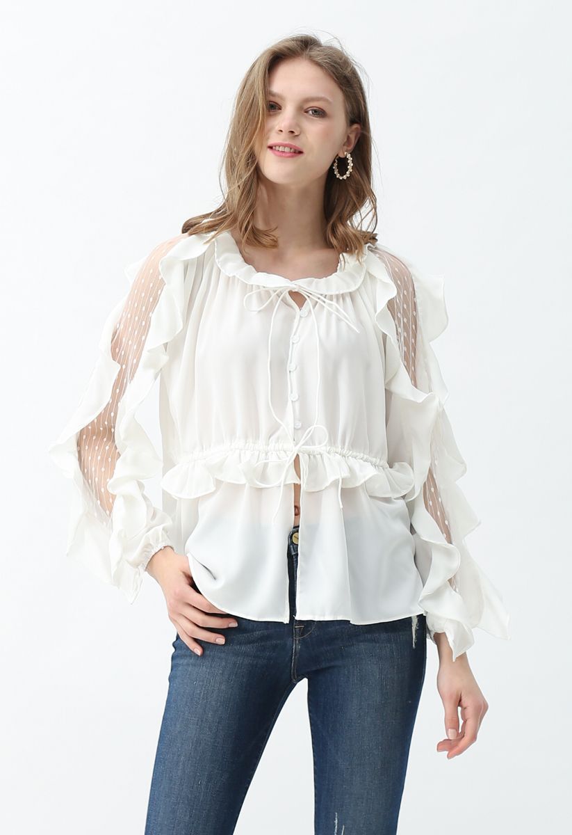 Drawstring Lace Inserted Ruffle Sleeves Top - Retro, Indie and Unique ...