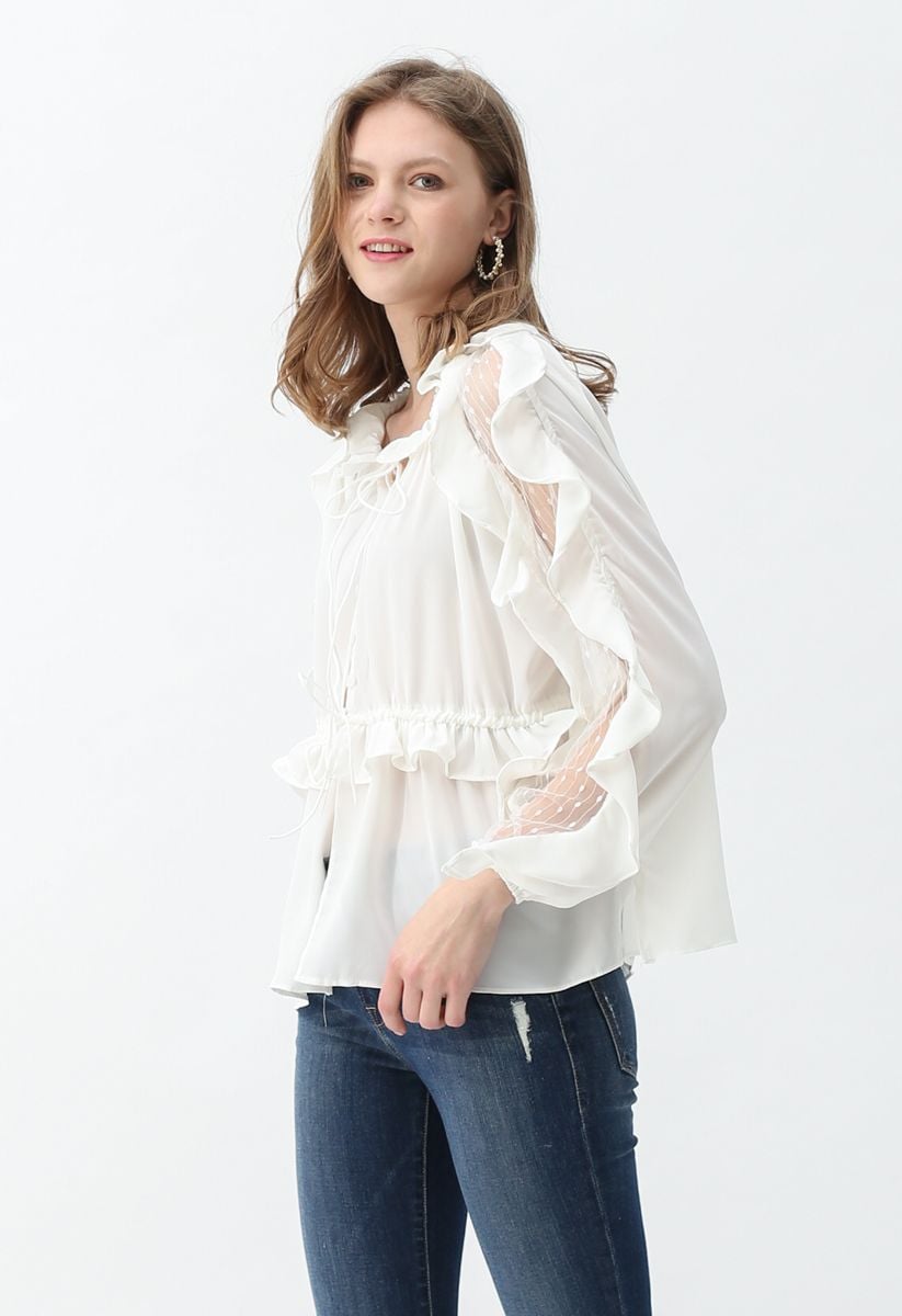 Drawstring Lace Inserted Ruffle Sleeves Top