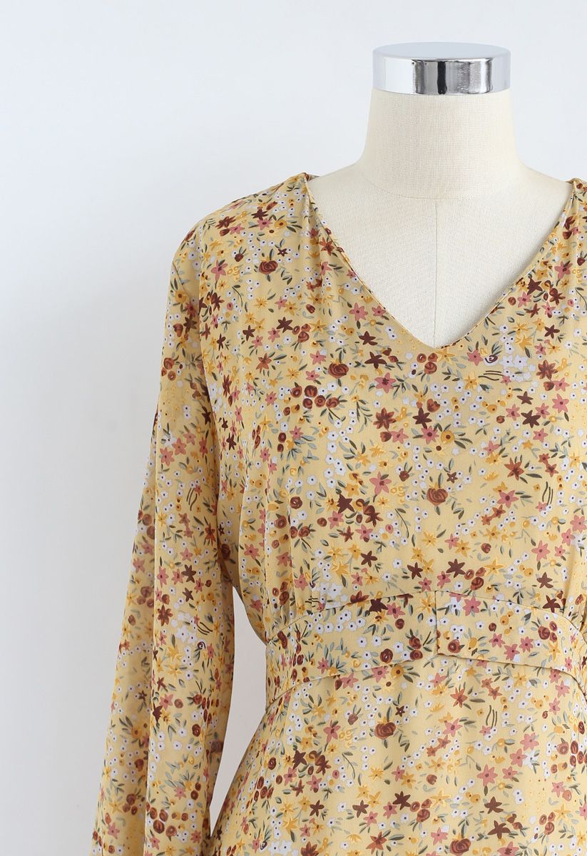 Floret V-Neck Frilling Chiffon Dress in Yellow - Retro, Indie and ...