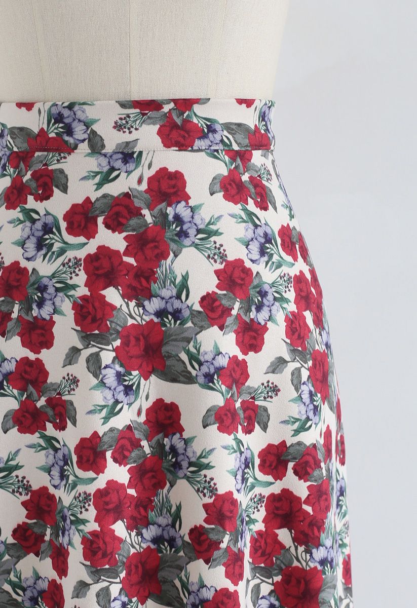 Full of Red Floral A-Line Midi Skirt 