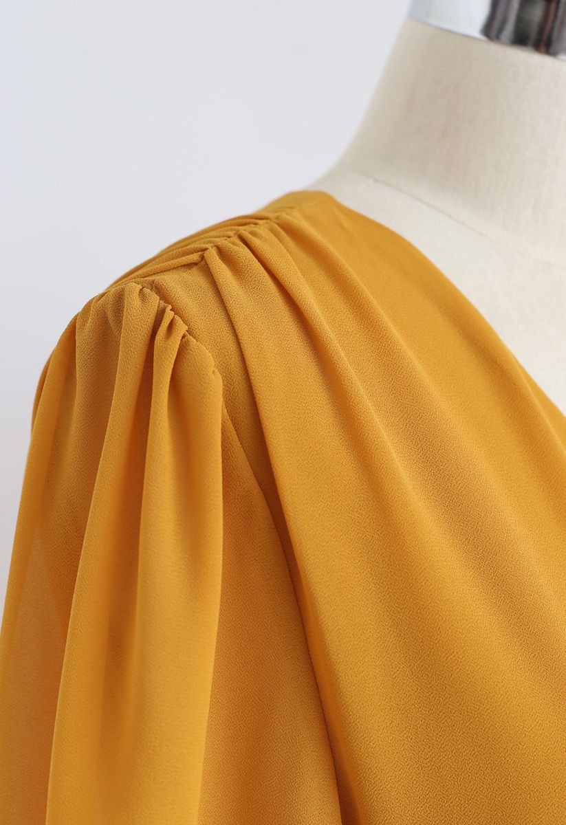 Mustard V-Neck Wrap Pleated Chiffon Dress - Retro, Indie and Unique Fashion