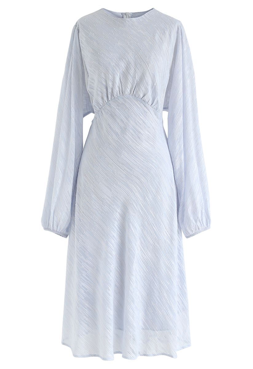 Slanted Lines Puff Sleeves Midi Dress in Icy Blue - Retro, Indie and ...