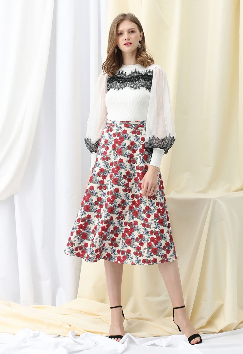 Full of Red Floral A-Line Midi Skirt 